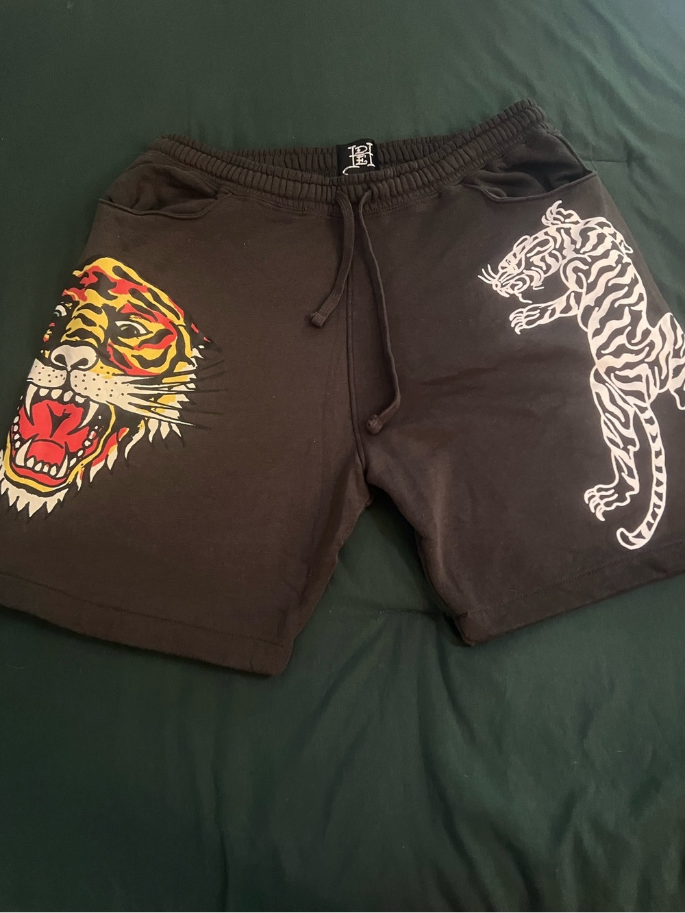 Ed Hardy Black Athletic Shorts with Red, Yellow & White Tiger Motifs